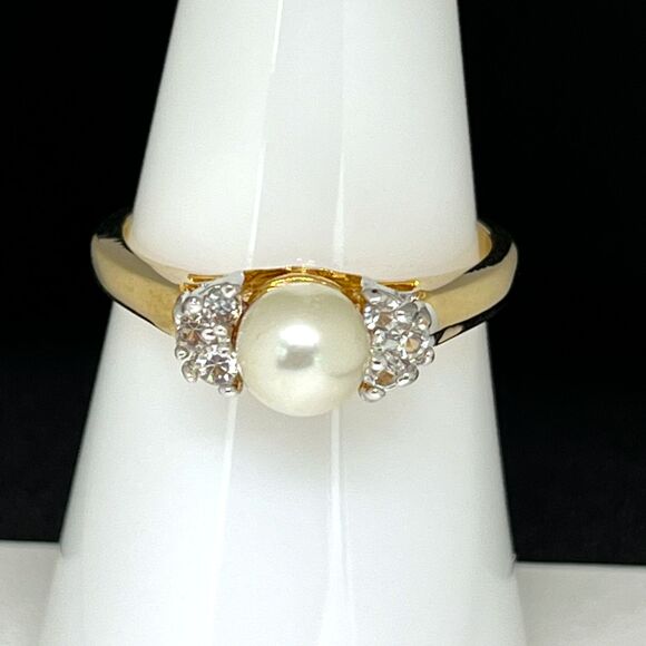 Vintage Ring Size 8 Simulated Pearl CZ Accent 14K Gold Plate Mid-Century MCM 3D - Picture 15 of 16